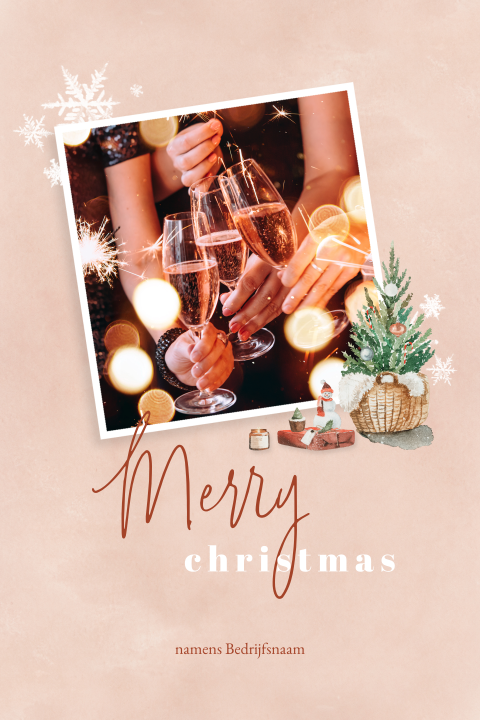 Zachtroze kerstkaart met foto en aquarel kerstboom