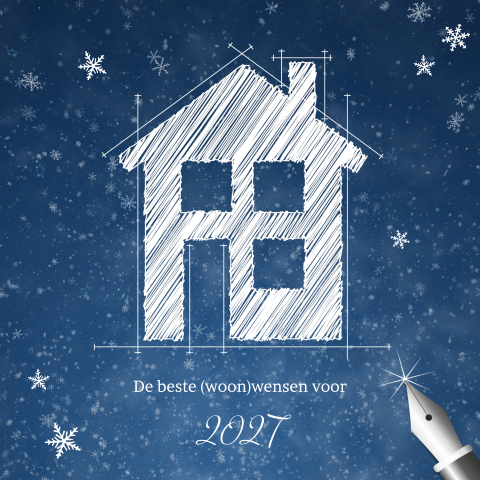 Blauwe kerstkaart met tekening huis