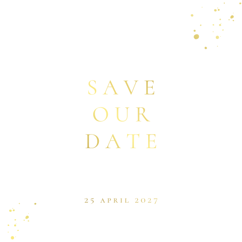 Witte minimalistische save the date kaart met namen in goudfolie