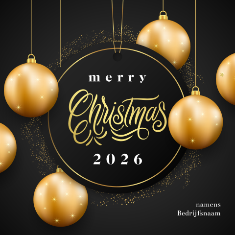 Zwarte kerstkaart met gouden kerstballen