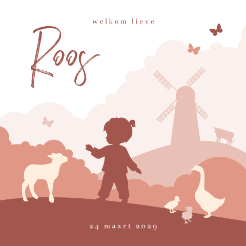 Roze geboortekaartje met silhouet meisje en molen