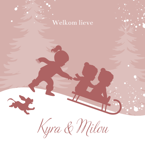 Winter babykaartje tweeling meisjes met grote zus op slee