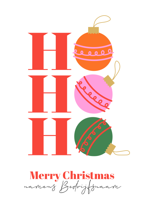 Hippe kerstkaart met kleurrijke kerstballen en Ho ho ho