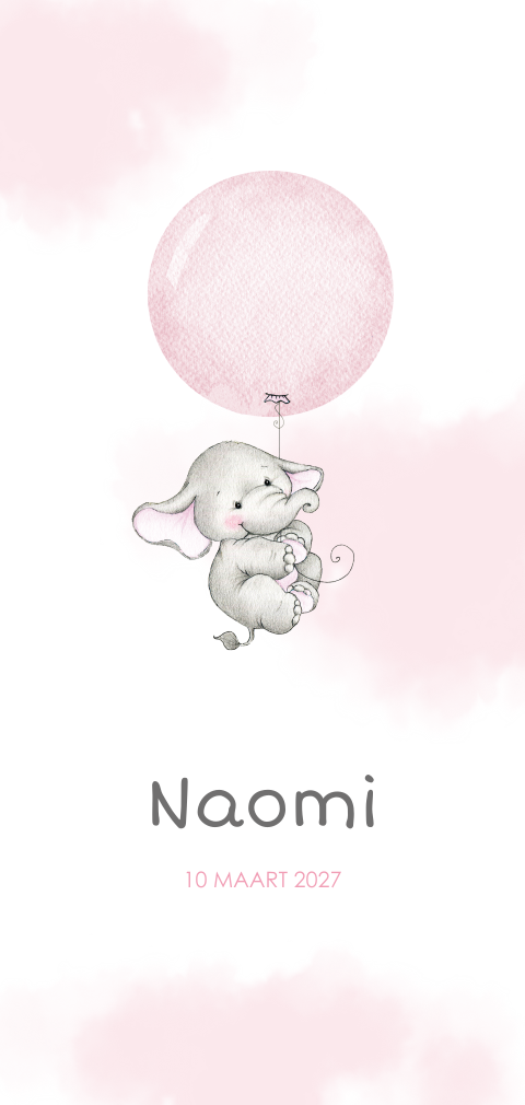Geboortekaartje meisje met olifantje met roze ballon
