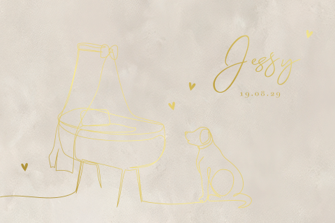 Goudfolie geboortekaartje met wiegje en hond in lijntekening