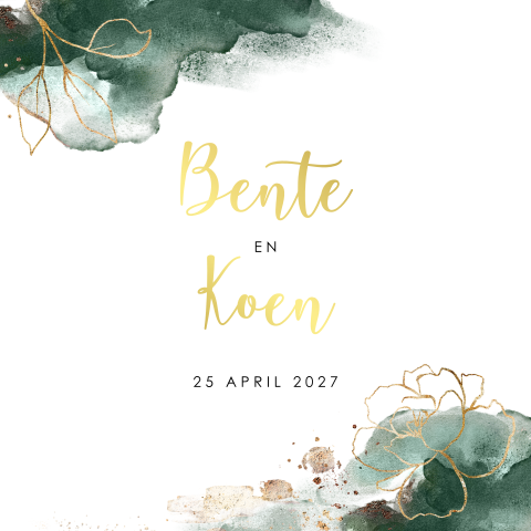 Goudfolie trouwkaart met groene waterverf en bloemen