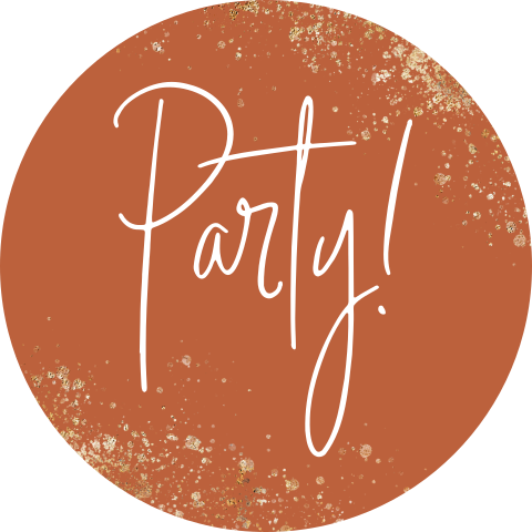 Roestbruine sluitsticker met Party en gouden spetters
