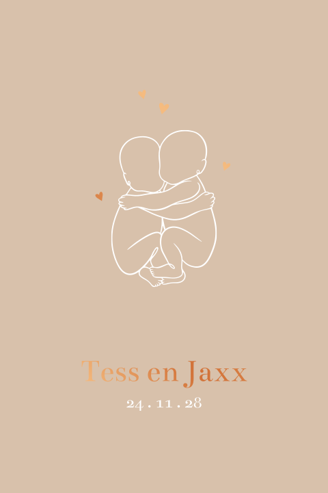 Beige geboortekaartje voor tweeling met lijntekening en koperfolie