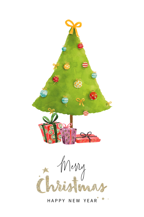 Kerstkaart met geschilderde kerstboom met cadeautjes