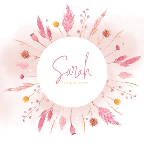 Geboortekaartje meisje met roze en gele droogbloemen