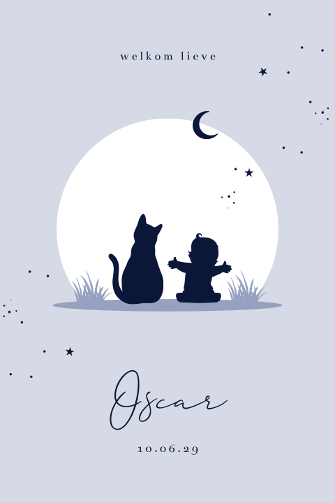 Blauw geboortekaartje met silhouet jongen en kat