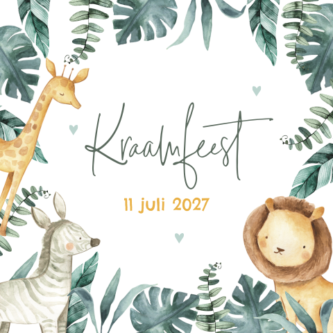 Kraamkaartje jongen met safari dieren als leeuw giraf en zebra