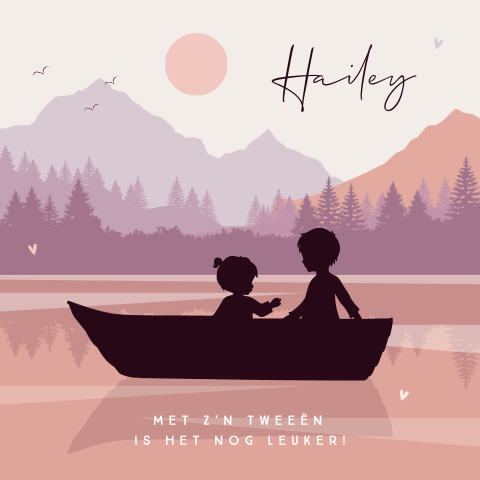 Lila en zalm geboortekaartje grote broer met zusje in bootje