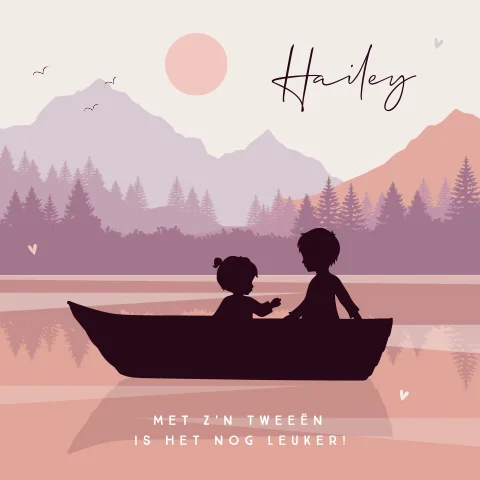 Lila en zalm geboortekaartje grote broer met zusje in bootje