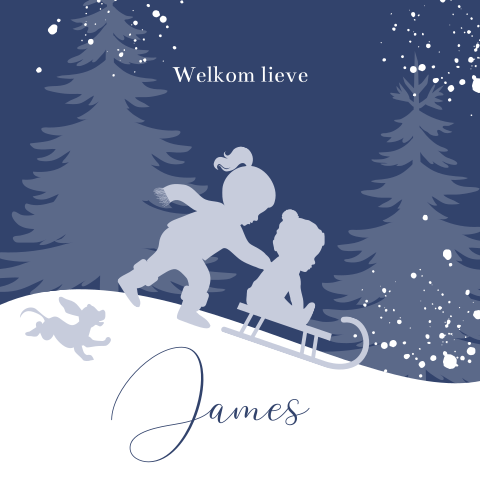 Winter geboortekaartje silhouet baby jongen en zusje