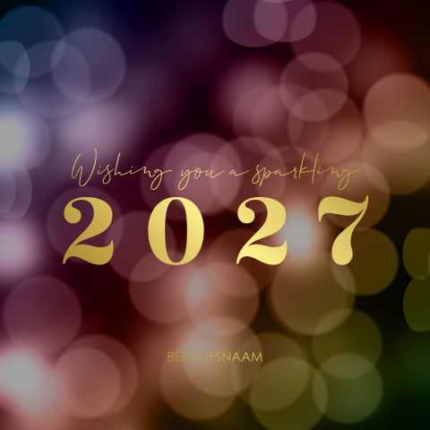 Kleurrijke kerstkaart met 2027 in goudfolie