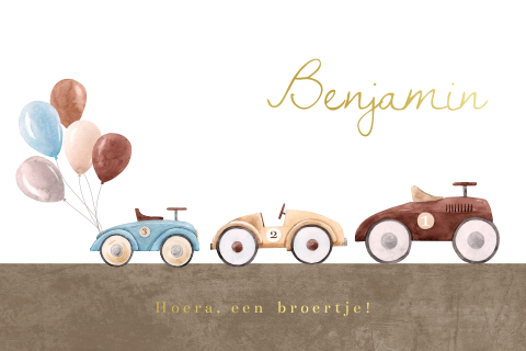 Geboortekaartje met drie vintage autootjes