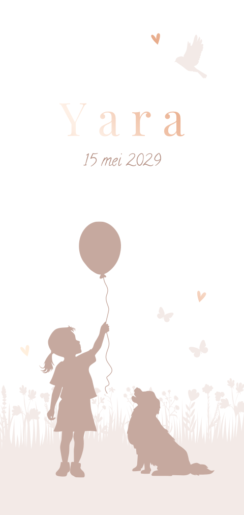 Silhouet geboortekaartje met meisje met ballon en hond