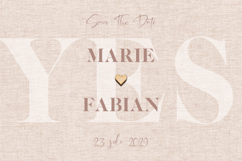 Save the date met linnenlook, de tekst Yes en houten hartje