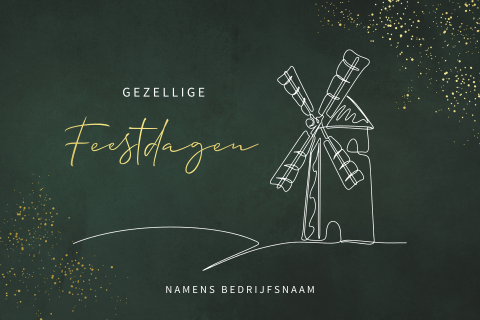 Groene kerstkaart met goudfolie en lijntekening molen