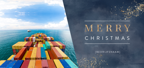 Blauwe kerstkaart met foto scheepvaart en gouden spetters