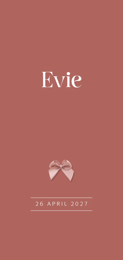 Klassiek roestrood geboortekaartje met roze strikje