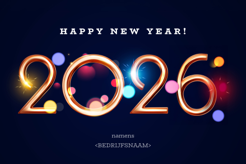 Zwarte nieuwjaarskaart met 2026 en Happy New Year