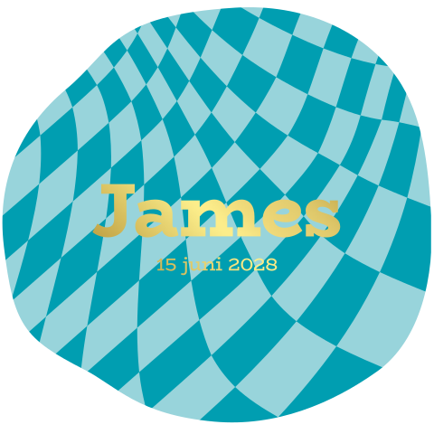 Groovy geboortekaartje jongen met retro ruitjes in turquoise