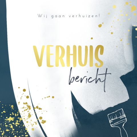 Verhuiskaart met witte verf kwast en goudfolie