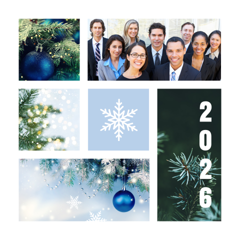 Zakelijke kerstkaart met fotovlakken en sneeuwvlokken