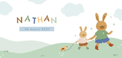 Vrolijk geboortekaartje met twee konijnen broertjes