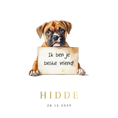 Geboortekaartje boxer hond met bordje