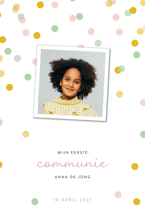 Uitnodiging eerste communie voor meisje met confetti
