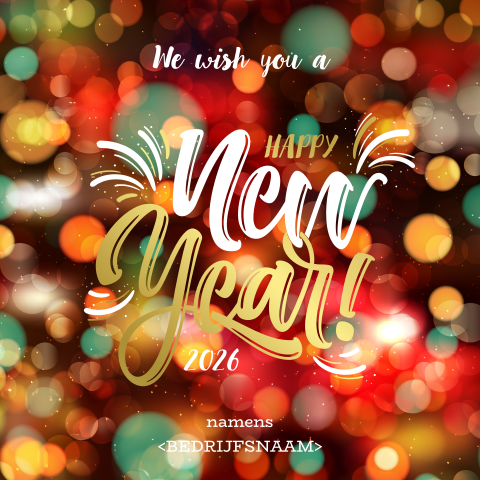 Kerstkaart met achtergrond van gekleurde lichtjes en happy new year