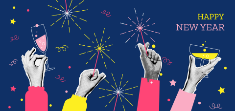 Feestelijke nieuwjaarskaart met champagne en vuurwerk