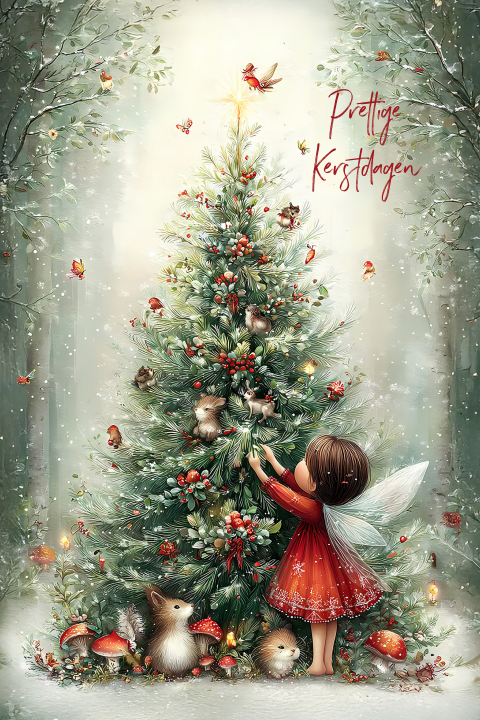 Sprookjes kerstkaart met elfje en dieren rond kerstboom