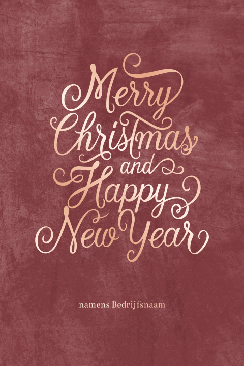 Donkerrode kerstkaart met rosegoudfolie typografie