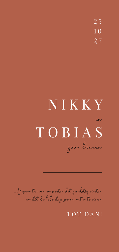 Minimalistische trouwkaart in roestrood met strakke typografie