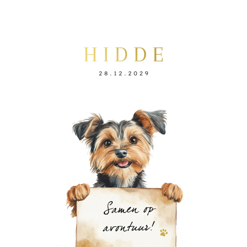 Geboortekaartje yorkshire terrier hond met bordje