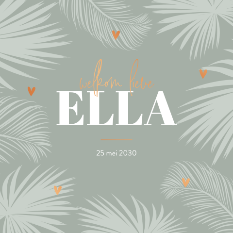 Zachtgroen geboortekaartje met bladeren en hartjes in koperfolie