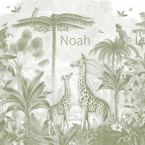 Groen jungle geboortekaartje met slingeraapjes, giraffen en vogels