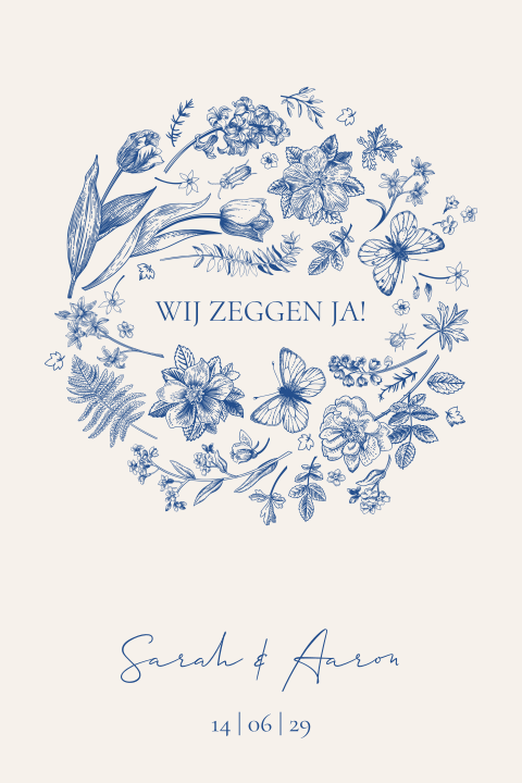 Trouwkaart met bloemenkrans in Delfts blauw stijl