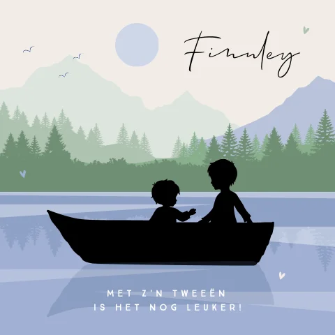 Silhouet geboortekaartje broertjes in bootje in blauw groen