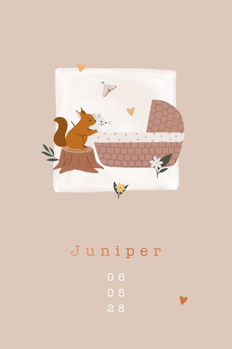 Lief geboortekaartje met wiegje en bosdiertjes