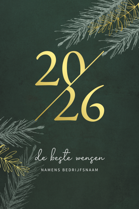 Groene enkele kerstkaart met grafisch jaartal 2026 in goudfolie
