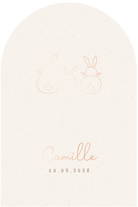 Lief geboortekaartje met drie konijntjes in roségoudfolie