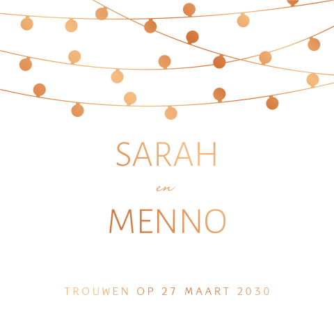 Koperfolie trouwkaart met lampjes en stoere typografie