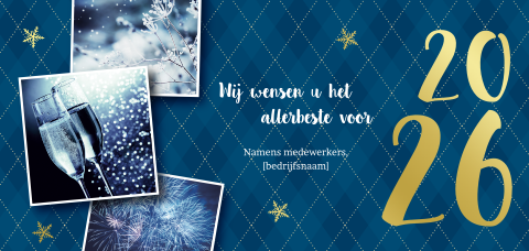 Blauwe kerstkaart met foto's en 2026 in goudfolie