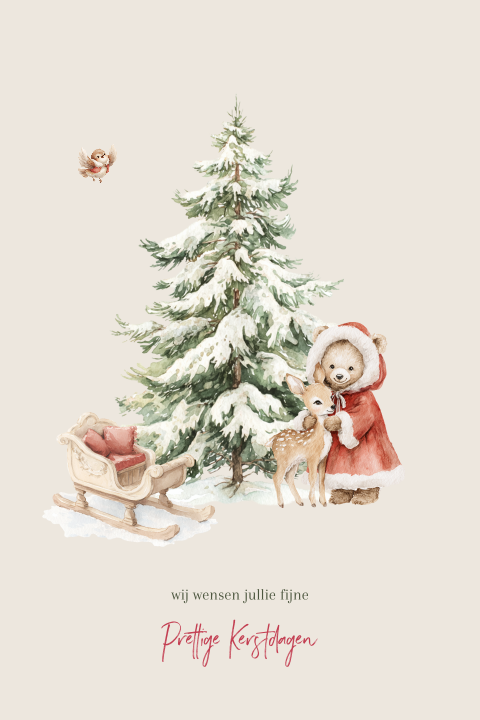 Lieve kerstkaart met beer, hertje en kerstboom in aquarelstijl