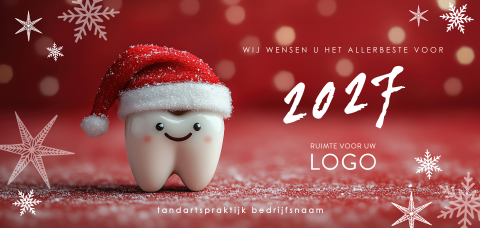 Rode kerstkaart met vrolijke tand voor tandartsen